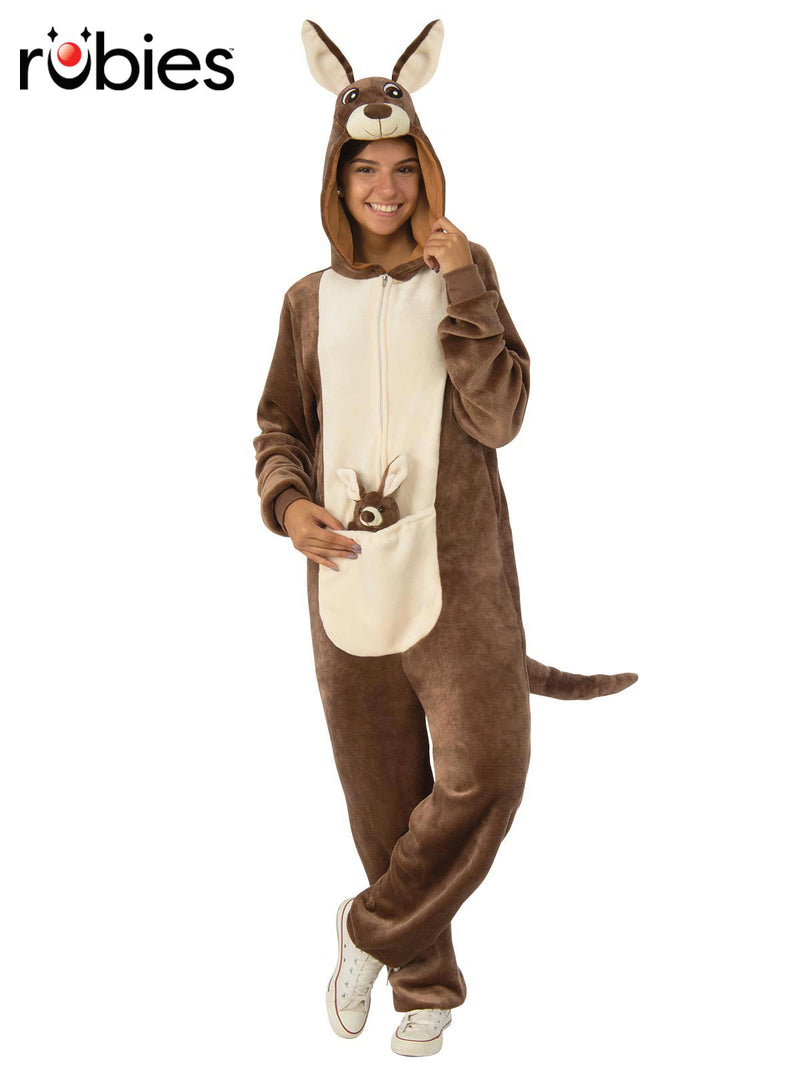 Adult wearing brown plush kangaroo onesie with 3D hood and joey in pouch, front view