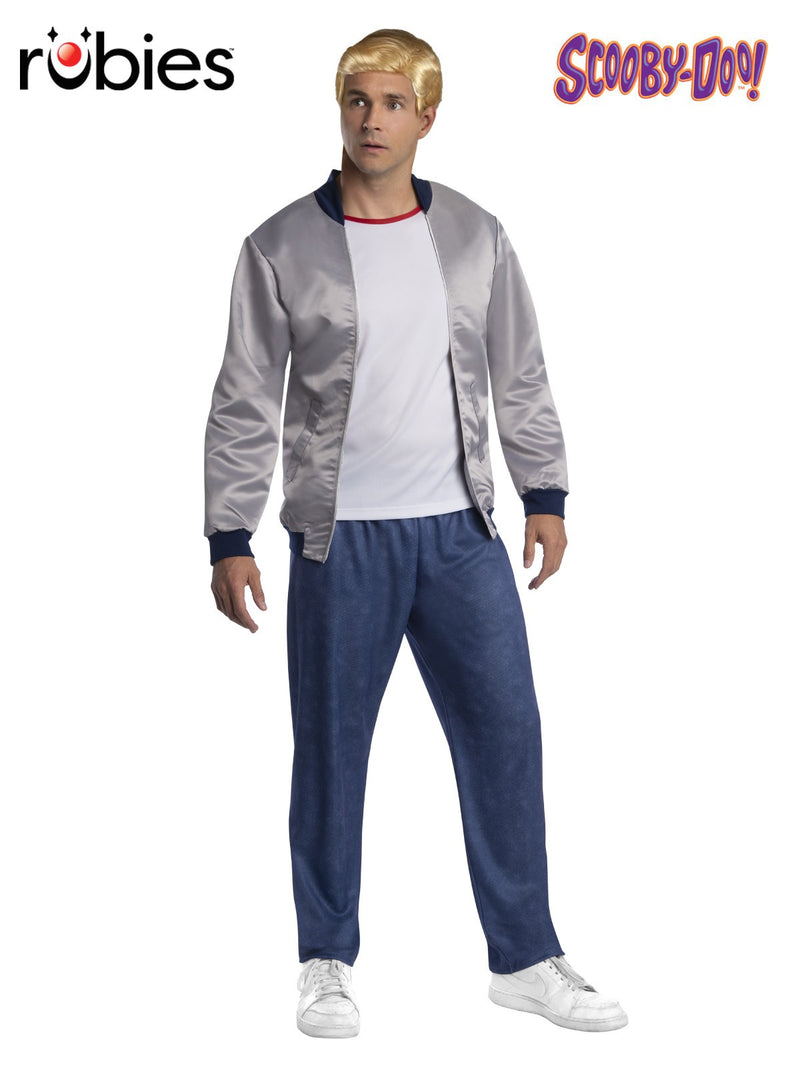 Adult Fred Jones costume from Scooby-Doo with silver bomber jacket and navy pants