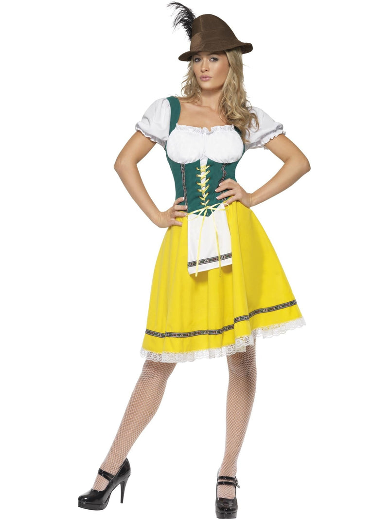 Womens Oktoberfest Beer Maid Costume with yellow skirt and green lace-up bodice - front view