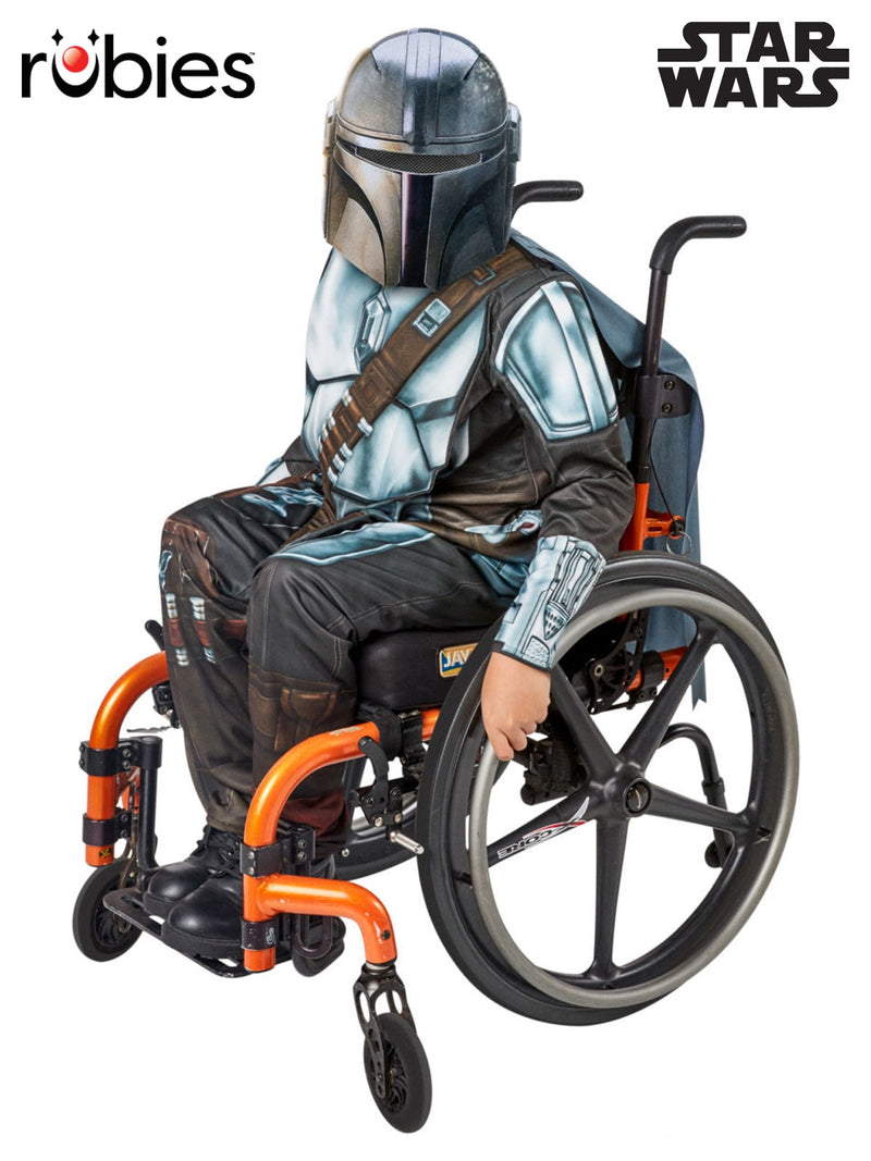 Kids Mandalorian costume with metallic silver-blue armour print and grey cape on child in wheelchair
