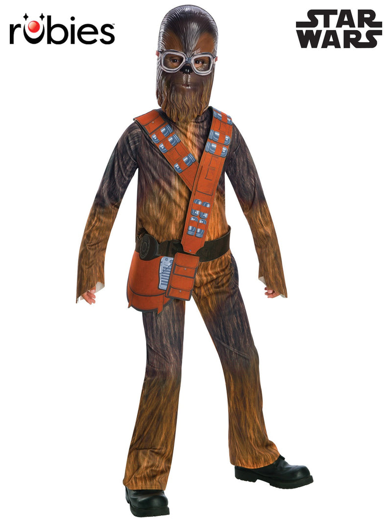 Kids Chewbacca costume showing full-body fur-print jumpsuit with bandolier and mask
