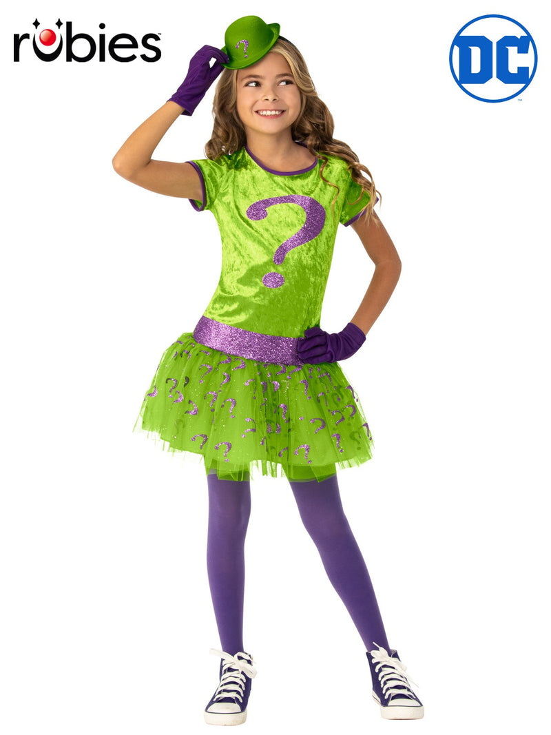 Girls The Riddler tutu costume with green velvet bodice and purple question mark appliqué