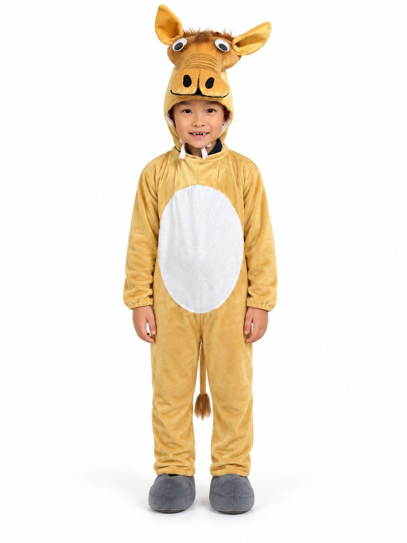 Kids warthog costume full body shot showing tan plush jumpsuit with white belly patch and brown tail