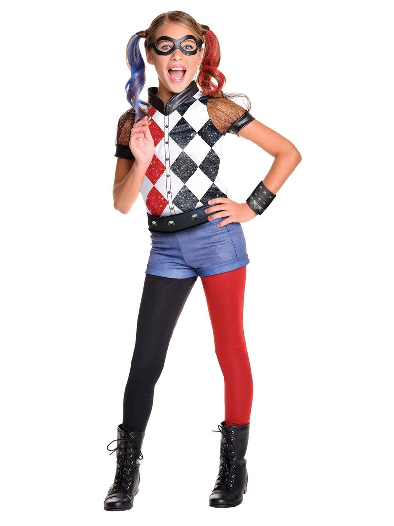 Kids Harley Quinn costume with diamond-print top and red-black leggings