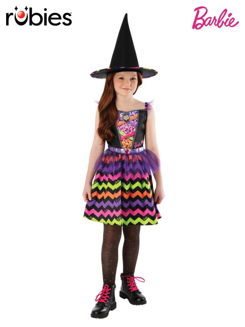 Kids Barbie witch costume with rainbow sequin bodice and chevron-striped skirt