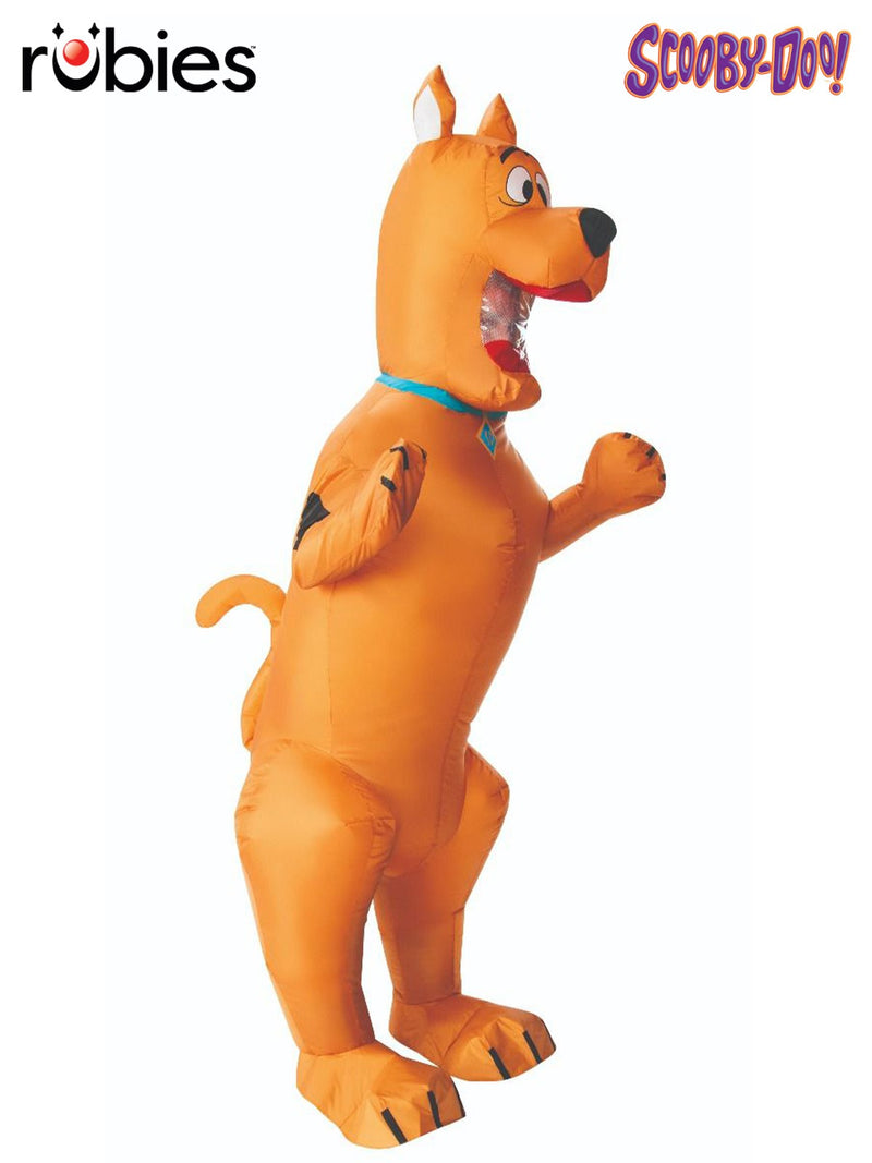 Adult wearing inflatable Scooby-Doo costume with orange body and blue collar
