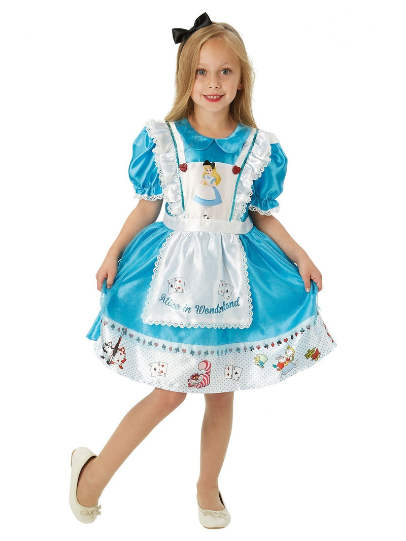 Girls Alice in Wonderland costume with blue satin dress, white apron, and layered tulle skirt