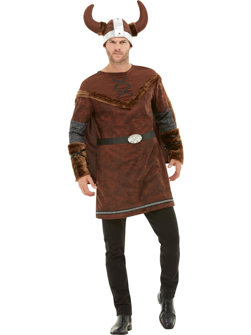 Mens Viking warrior costume with brown tunic, cape, and horned helmet