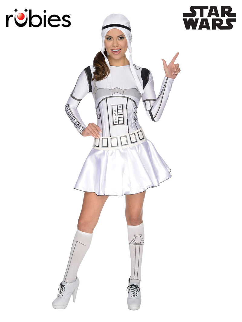Womens Star Wars Stormtrooper costume dress with printed white armor bodice and flared skirt