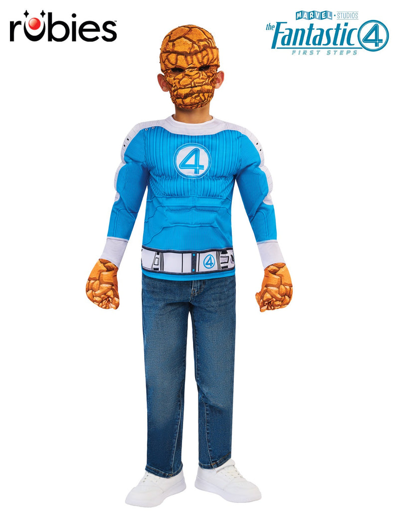 Kids The Thing costume with padded blue muscle top, orange rocky mask and matching gloves on white background