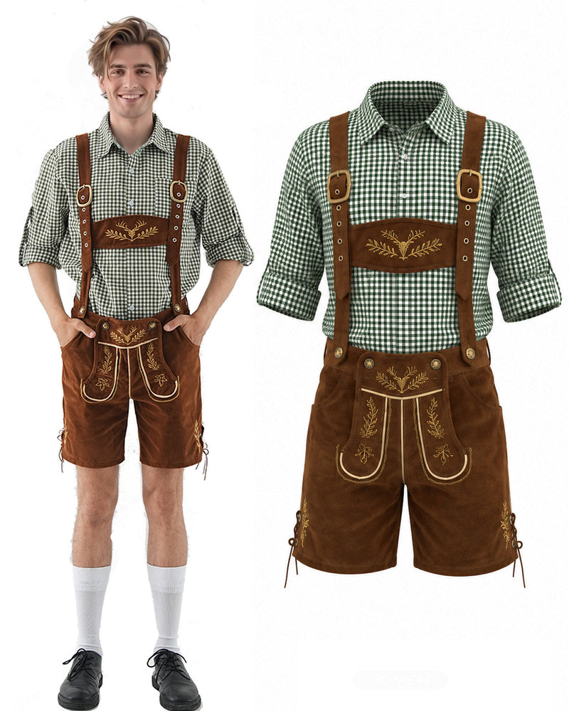 Mens Oktoberfest Lederhosen Costume - Green Check Shirt and Brown Bavarian Shorts Set