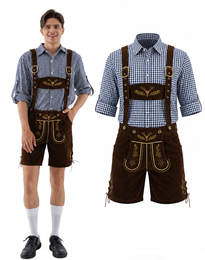Mens Oktoberfest Lederhosen Costume - Blue Check Shirt and Brown Bavarian Shorts Set