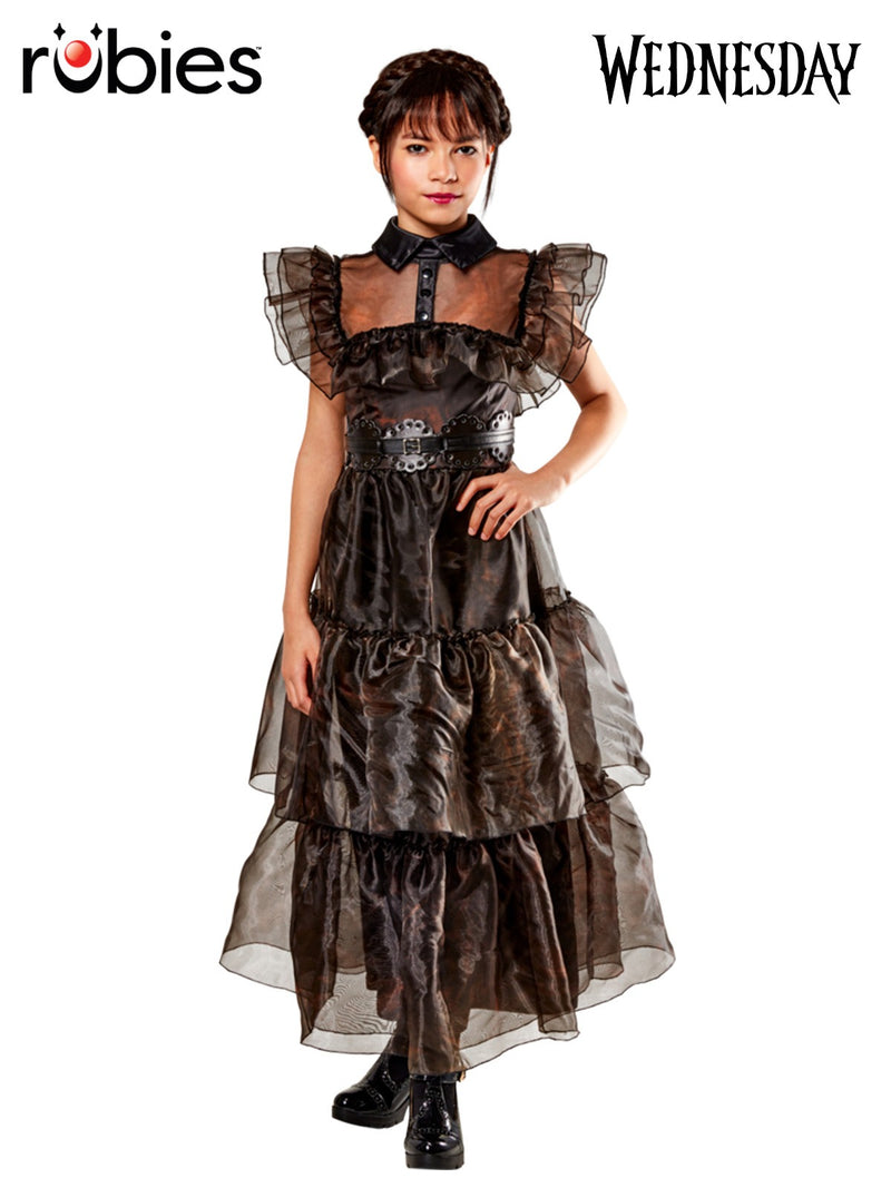 Kids Wednesday Addams Rave'N dress costume with black satin skirt and tulle shoulders
