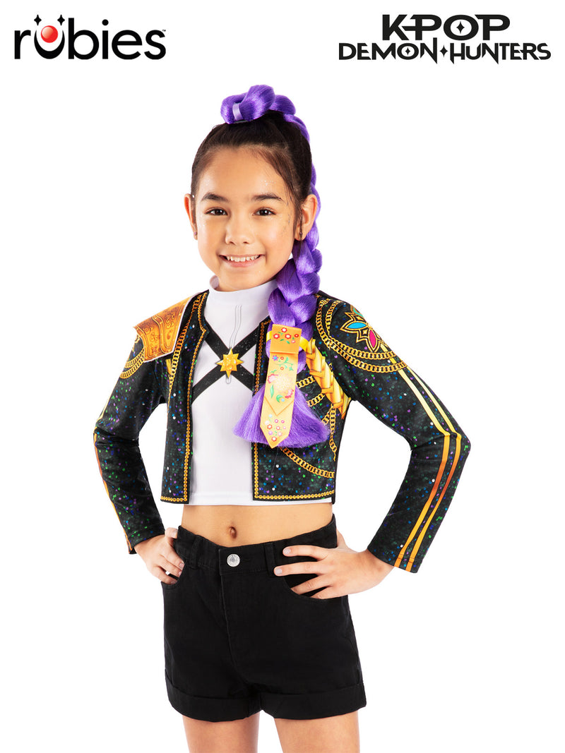 Kids K-Pop Demon Hunters Rumi purple hair braid with yellow floral band, clip-on attachment visible at topknot base