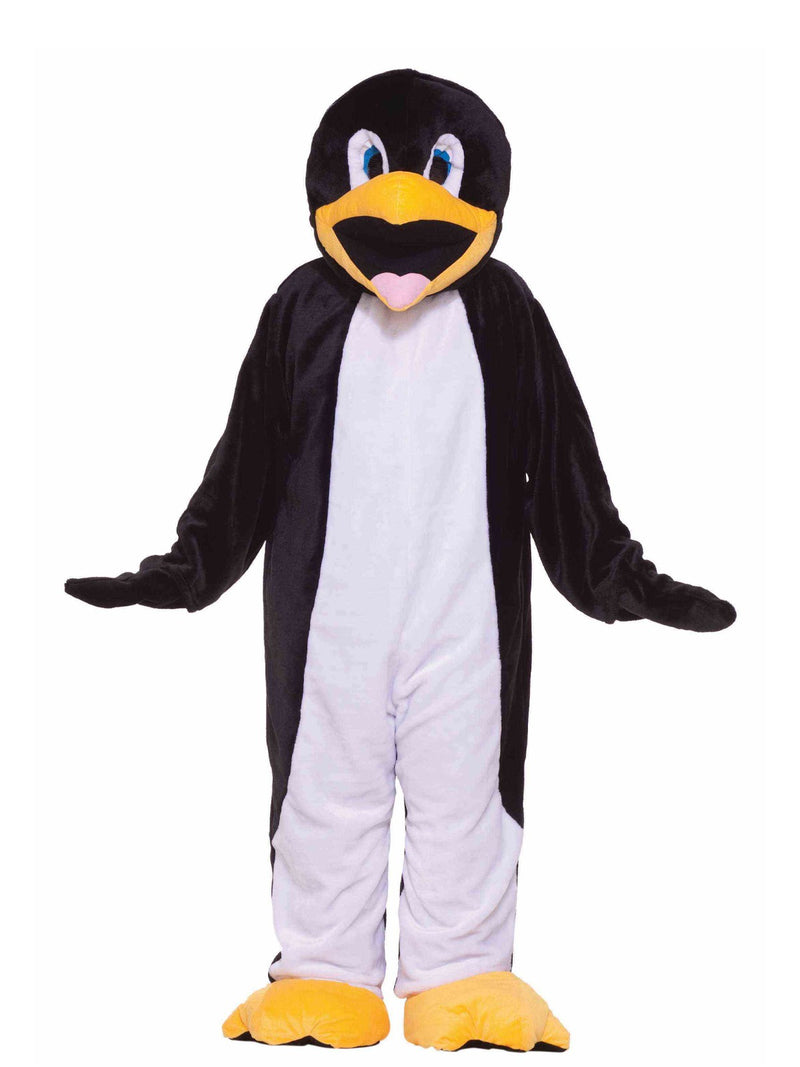 Adult penguin mascot costume full body front view with black and white plush jumpsuit and oversized character head