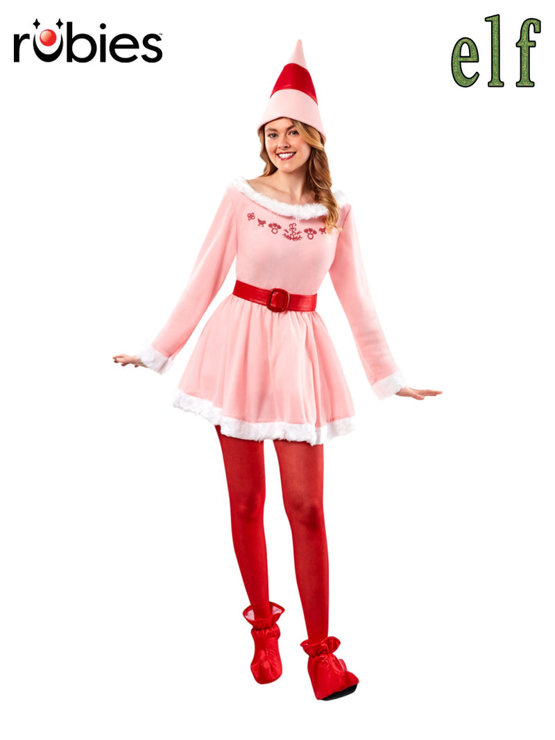 Womens Jovie Elf Costume - pink crushed velvet mini dress with white faux fur trim and Christmas print collar