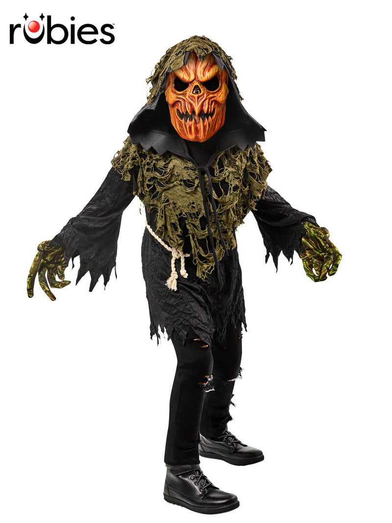Kids pumpkin scarecrow costume with hooded tattered robe and carved jack-o'-lantern mask