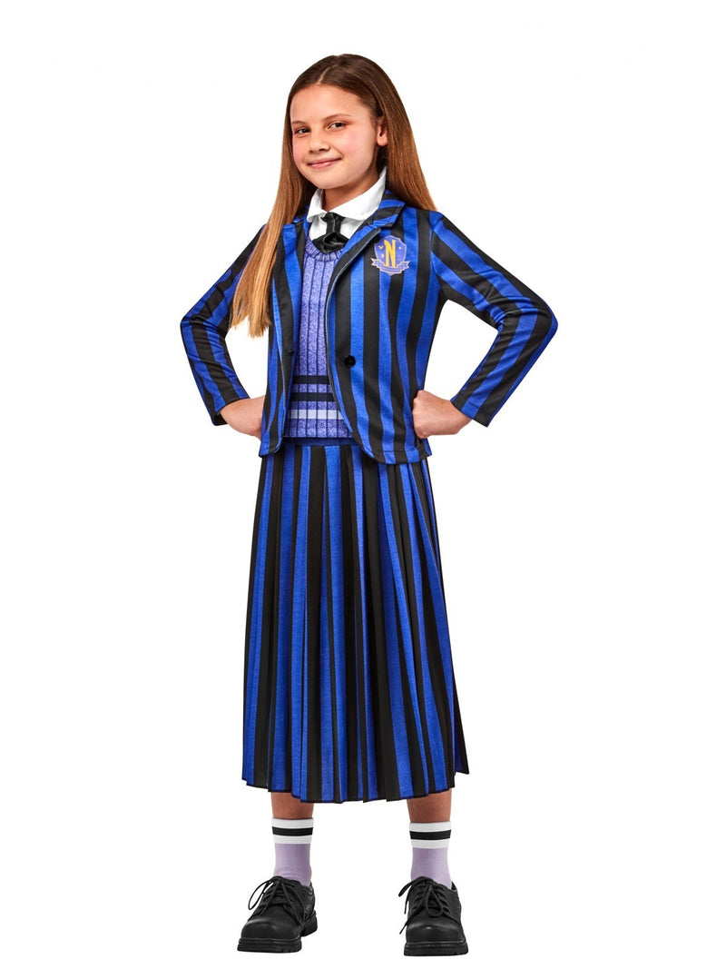 Kids Wednesday Addams Nevermore Academy costume showing blue and black striped blazer, ribbed vest with bow tie, and pleated skirt