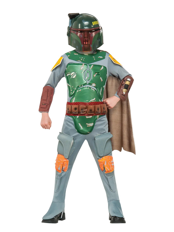 Child wearing Boba Fett costume with green Mandalorian armor and T-visor helmet