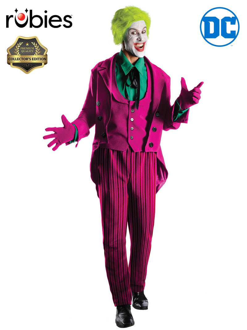 Adult The Joker costume with magenta tuxedo jacket with tails, green collar and cuffs, pinstripe pants