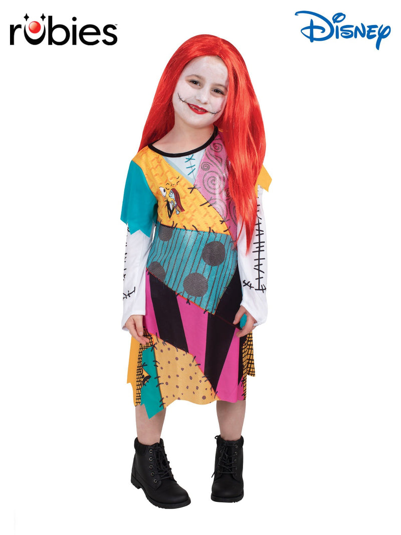 Kids Sally costume dress with colorful patchwork design and long red wig from The Nightmare Before Christmas