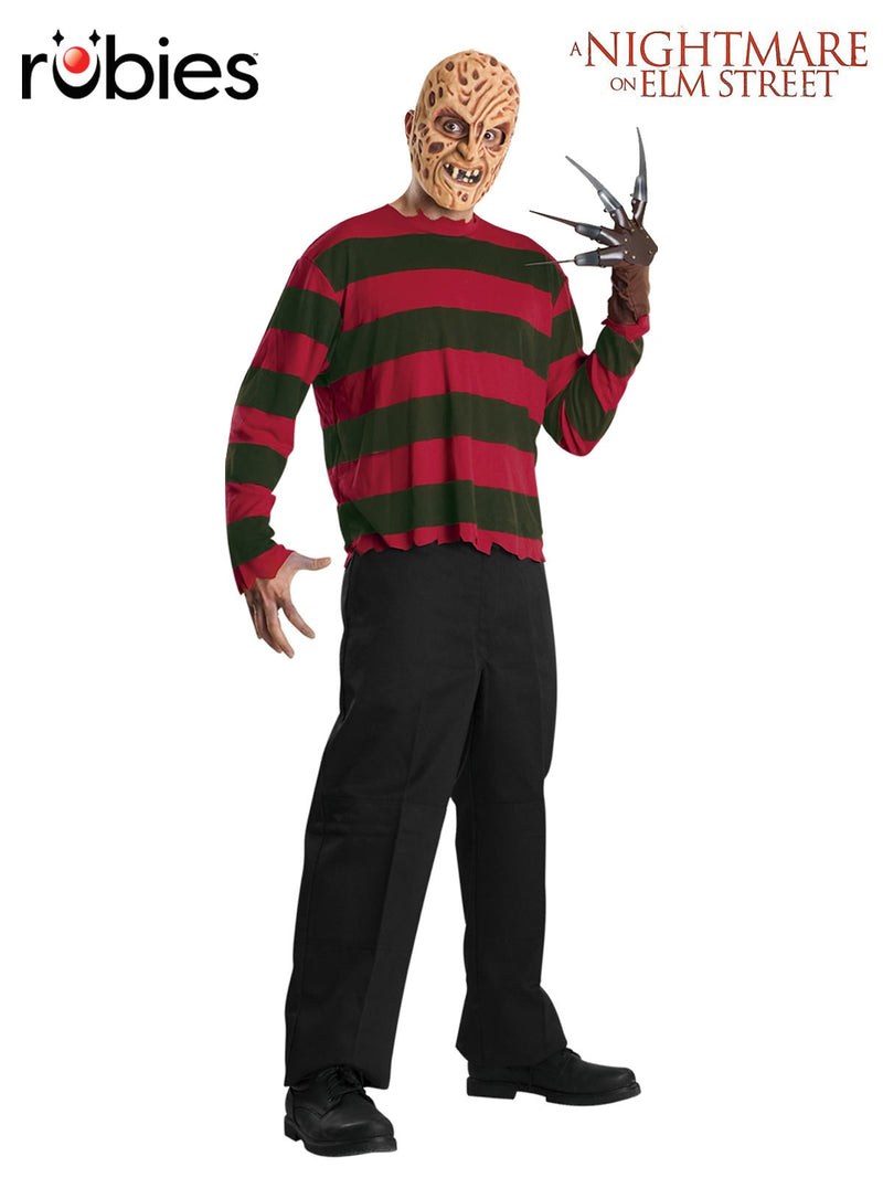 Adult Freddy Krueger costume with red and green striped top and burn-scarred mask