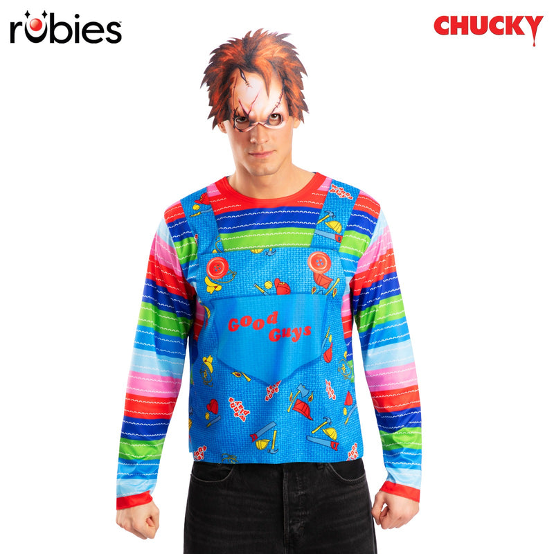 Adult Chucky costume with printed Good Guys overalls top and wild orange hair mask