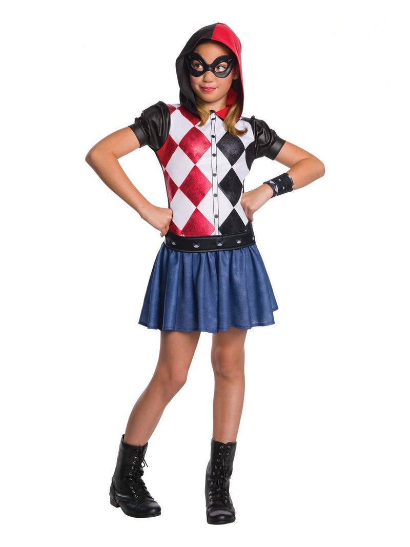 Kids Harley Quinn hooded dress costume with red and black checker bodice and navy tutu skirt