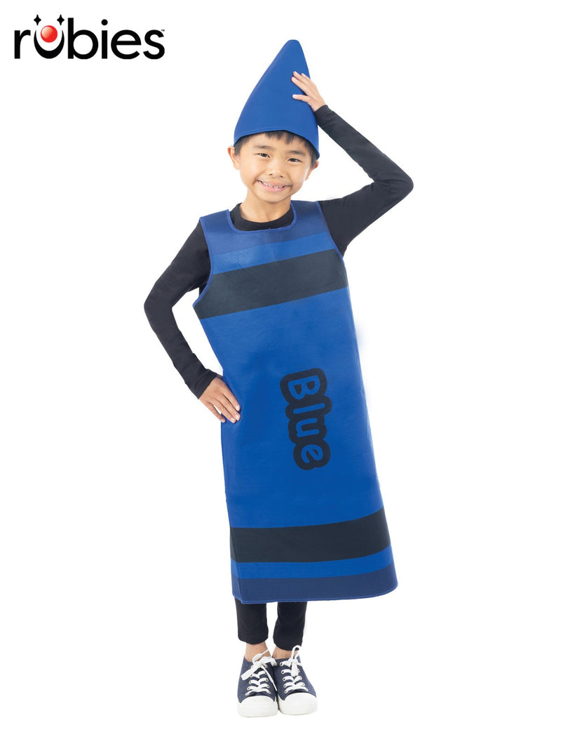 Kids blue crayon costume tabard with cone hat and black stripes