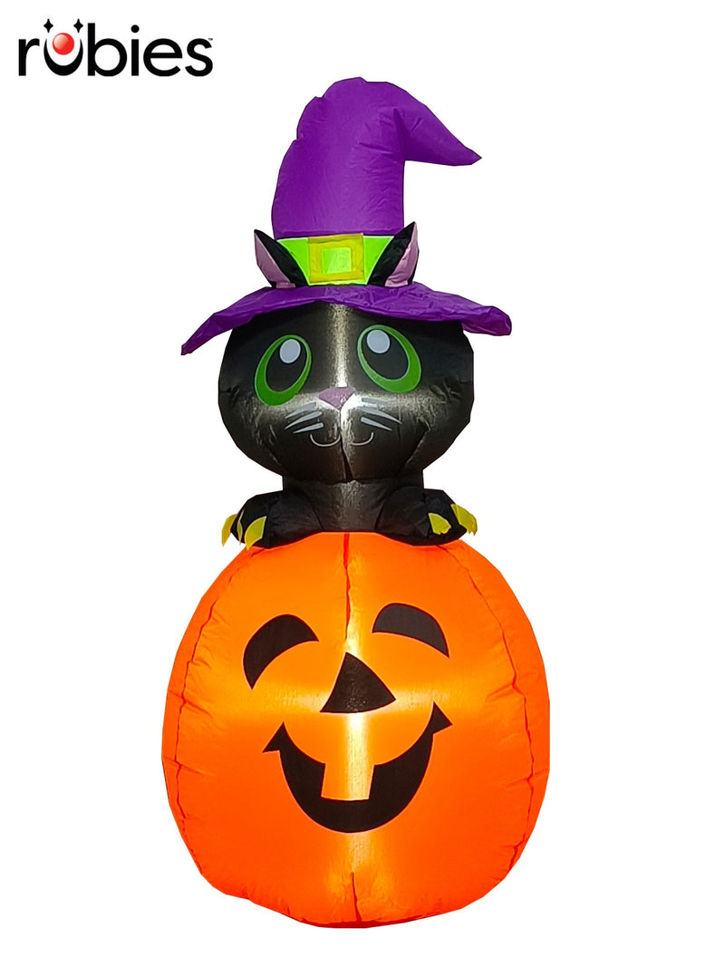 4-foot inflatable Halloween black cat wearing purple witch hat sits on glowing orange jack-o-lantern pumpkin