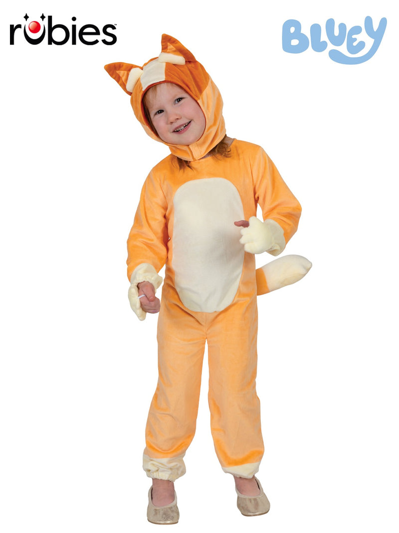 Kids Bingo costume from Bluey with orange velour jumpsuit and cream belly panel