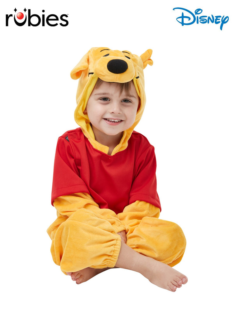 Kids Winnie the Pooh plush costume with golden yellow body and red torso section