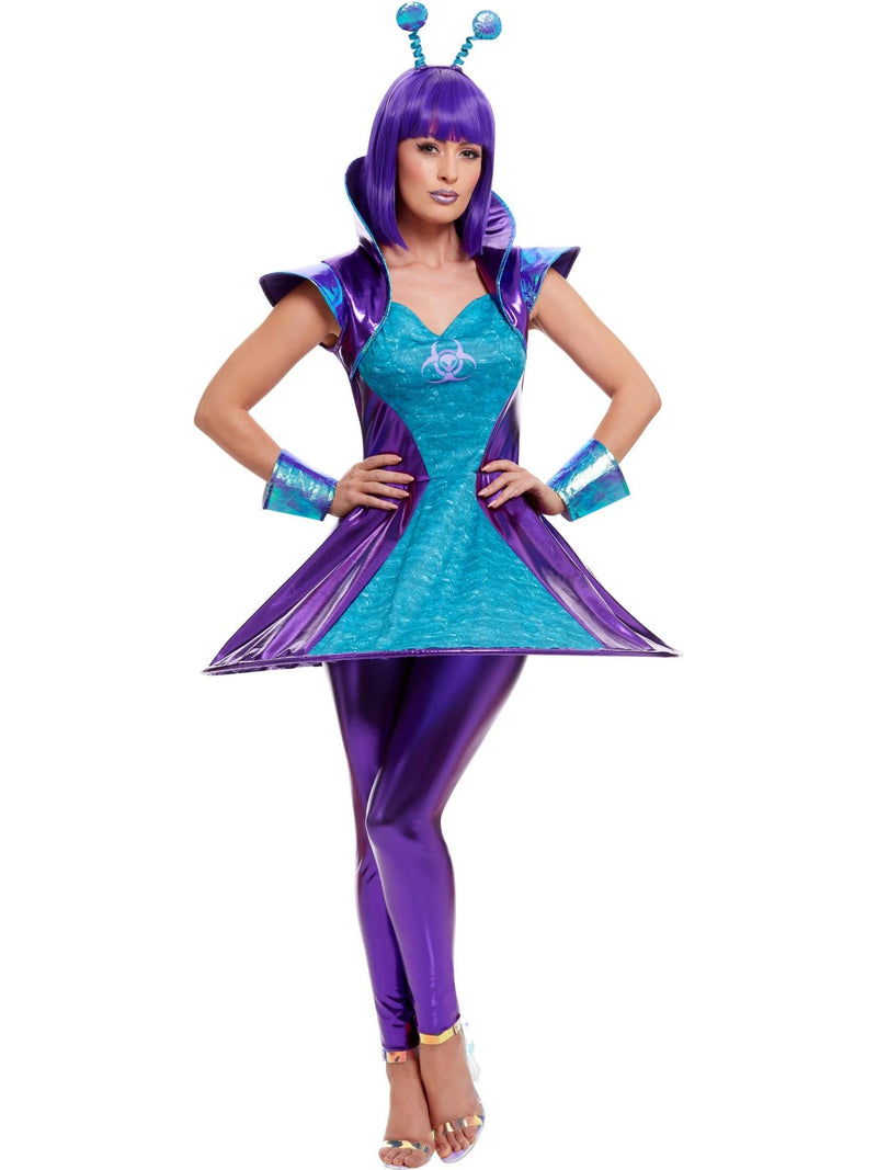 Womens alien space visitor costume in metallic turquoise and purple with antenna headband