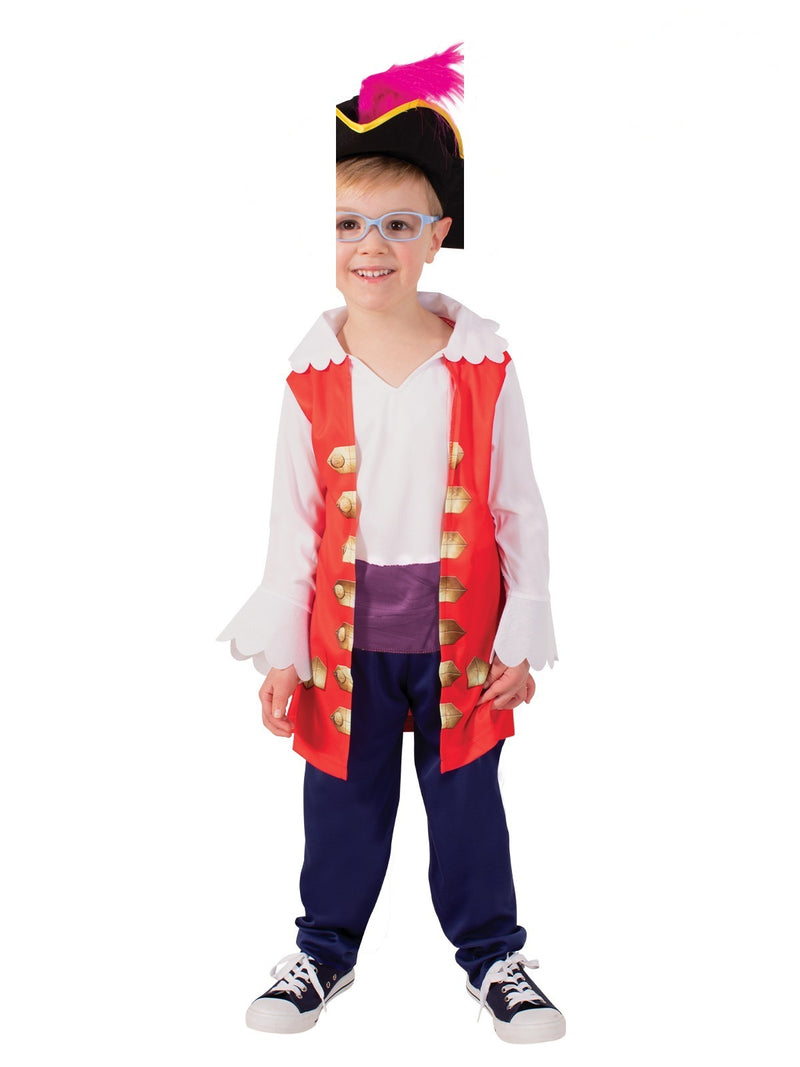 Child wearing red and white Captain Feathersword pirate costume with tricorn hat and pink feather