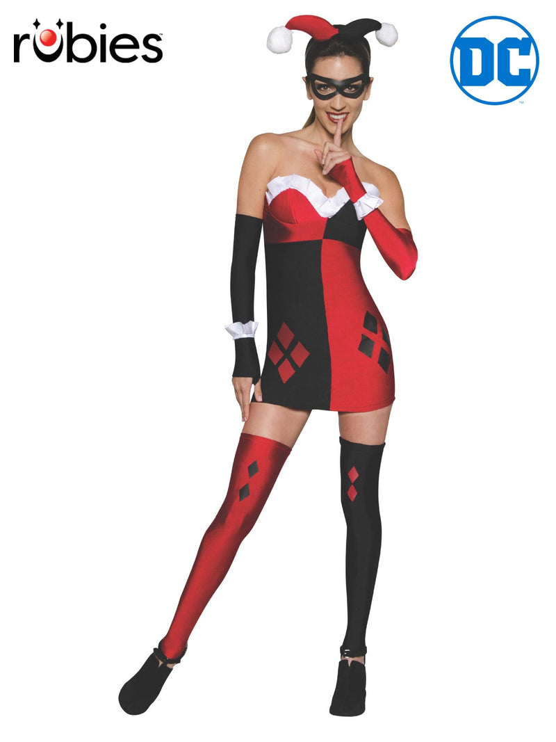 Womens Harley Quinn bodycon dress costume with red and black color-block panels, diamond print, and jester headband