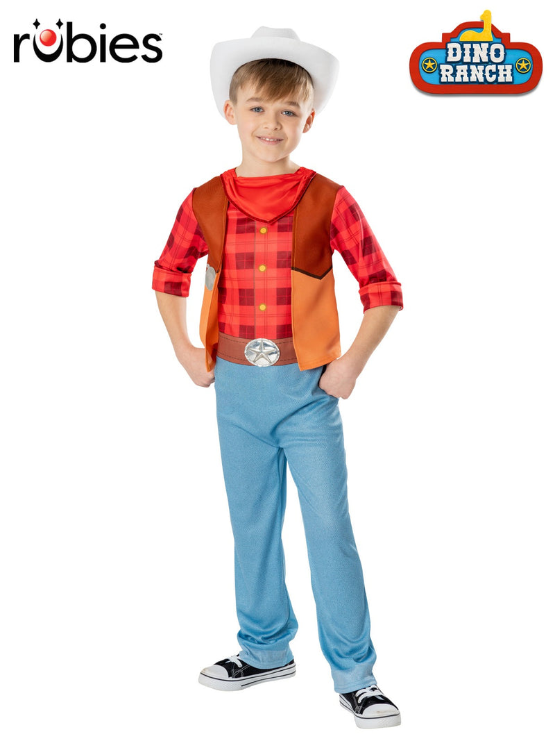 Kids Dino Ranch Jon costume - red plaid cowboy jumpsuit with brown vest and white hat