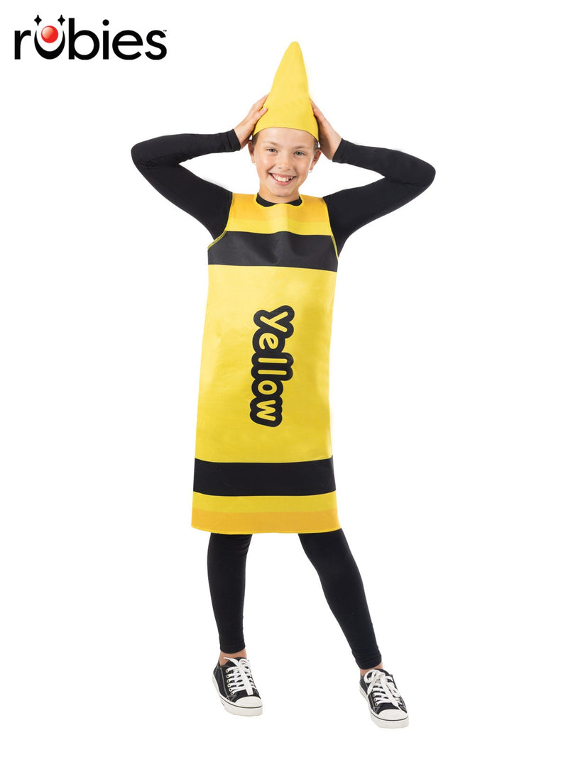 Kids Yellow Crayon Costume tabard with conical hat and black stripes