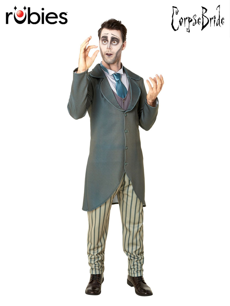 Mens Victor Van Dort Costume teal tailcoat with attached vest and striped pants