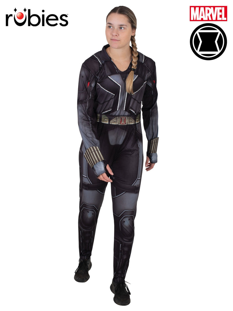 Womens Black Widow Marvel costume jumpsuit with printed tactical armor and molded gauntlets