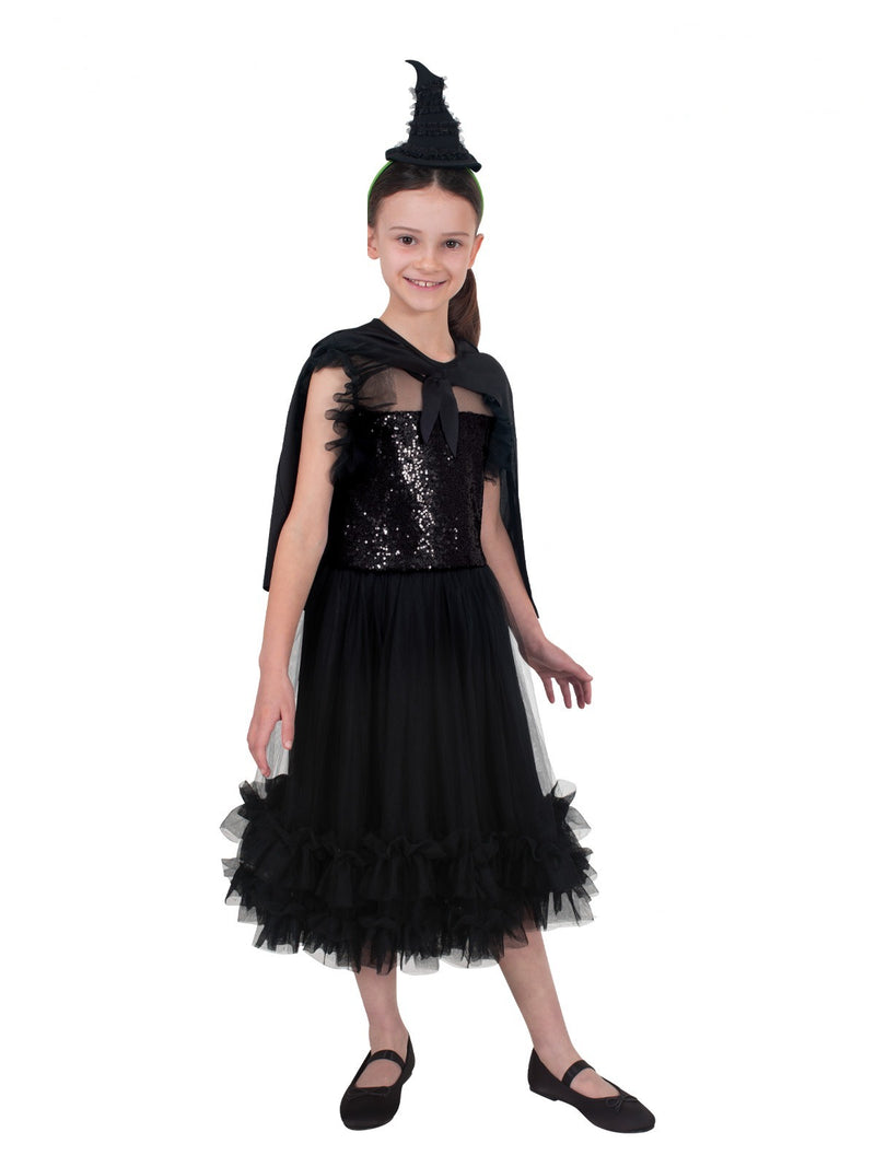 Girls Wicked Elphaba costume with black sequined dress, layered tulle skirt, mini cape and green witch hat headband