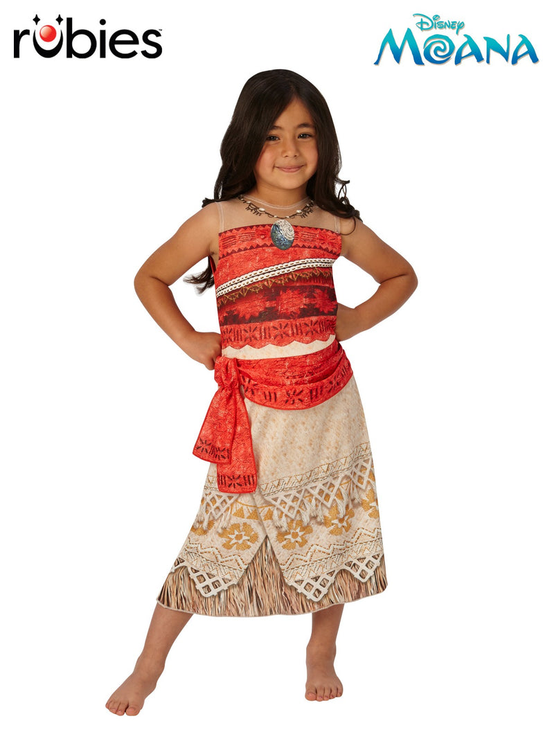 Kids Disney Moana costume dress with red bodice and tribal-print skirt