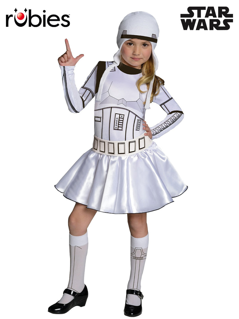 Kids Star Wars Stormtrooper Tutu Dress - white satin skirt with printed armor bodice and helmet headpiece