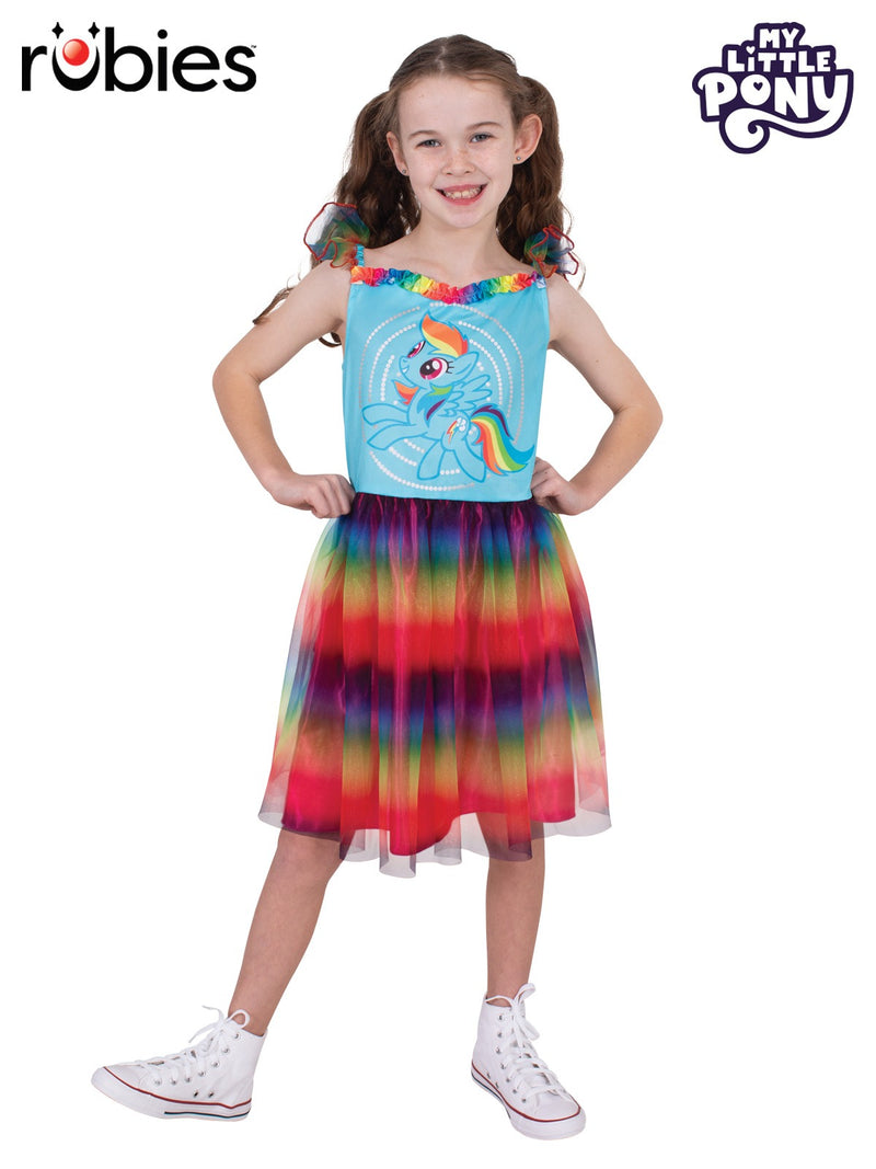 Child wearing Rainbow Dash My Little Pony costume dress with rainbow tutu skirt and blue character bodice