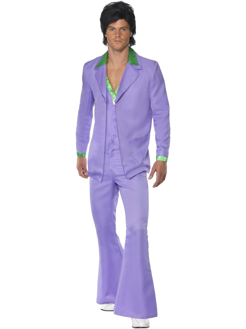 Adult mens 70s disco suit in lavender purple with green trim, three-piece retro costume set