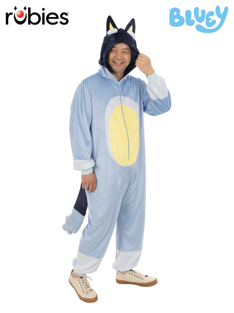 Adult Bluey Bandit costume plush onesie with 3D ears and attached tail front view