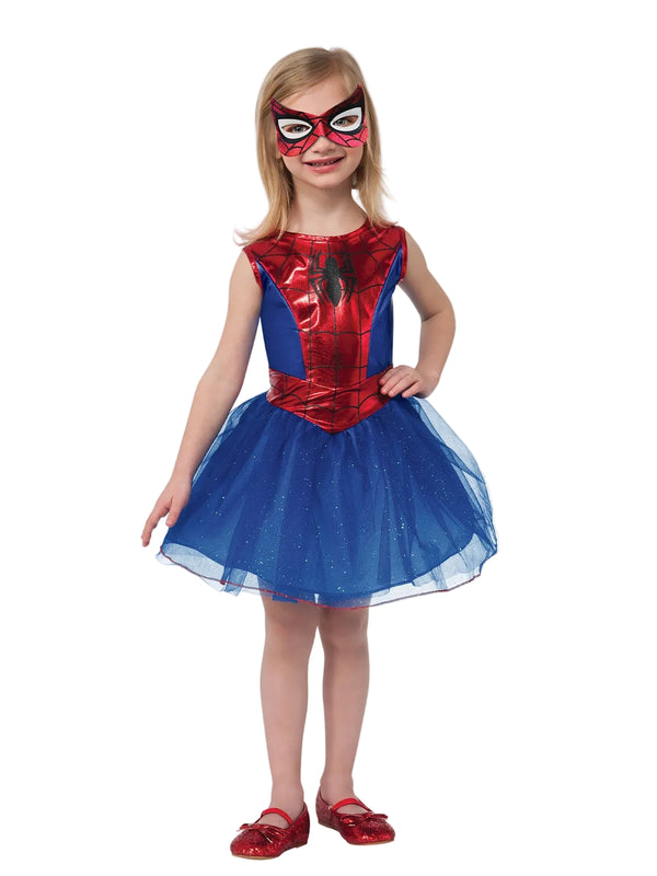 Kids Spider-Girl tutu costume with metallic red bodice and sparkly blue skirt on white background