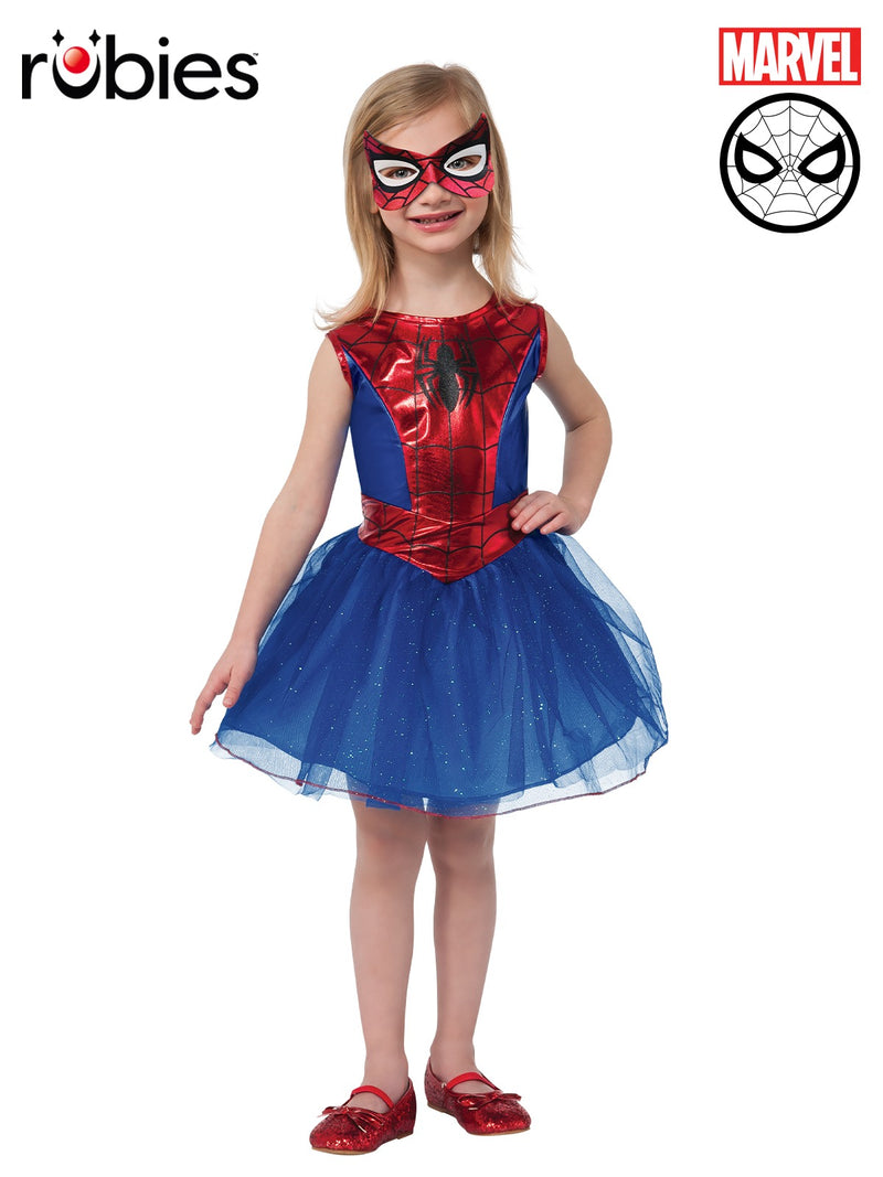 Kids Spider-Girl tutu costume with metallic red bodice and sparkly blue skirt on white background
