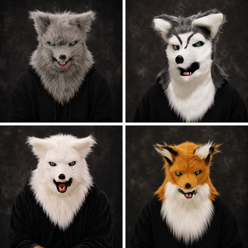 White wolf full-head plush mask with sculpted snout and green glass eyes