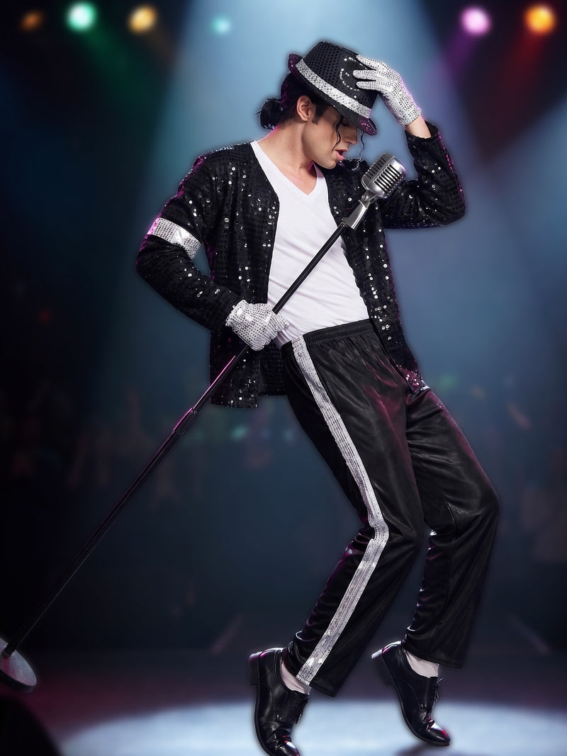 Adult wearing black sequin blazer with fedora and silver gloves 80s pop icon costume front view