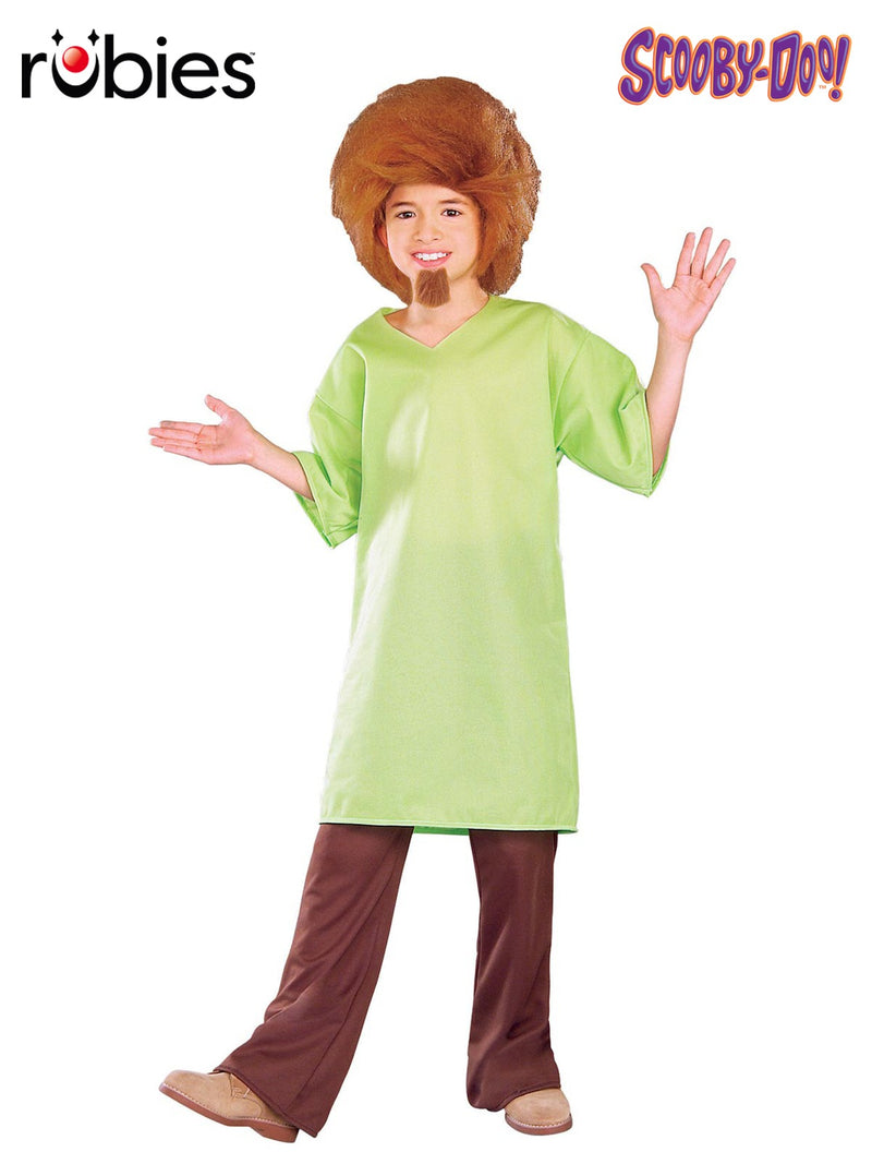 Kids Shaggy costume from Scooby-Doo with lime green tunic, brown pants, shaggy wig and goatee on white background